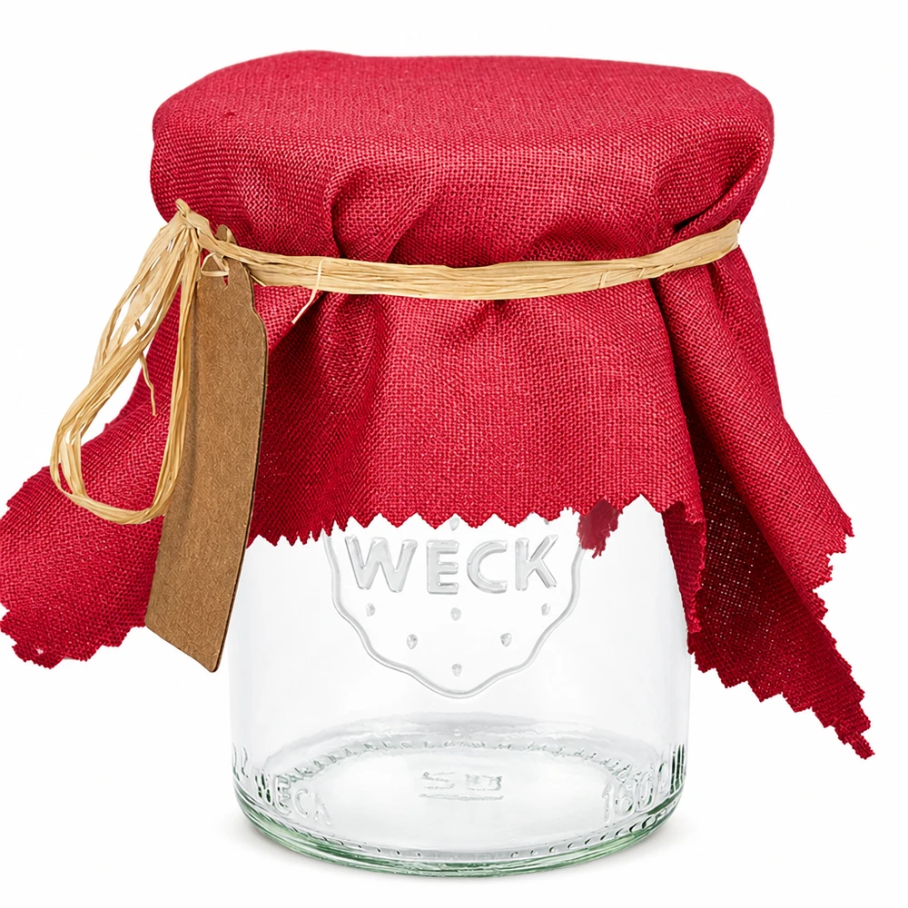 Stoff Schmuckdeckchen bordeaux 15cm eckig Bordeauxrotes eckiges Stoff Schmuckdeckchen 15cm auf WECK Einmachglas mit Gummiring und Holzschild