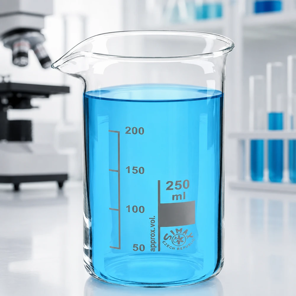 Becherglas 250ml Borosilikatglas, hohe Form Becherglas 250ml hohe Form aus Borosilikatglas mit blauer Flüssigkeit für professionellen Laboreinsatz
