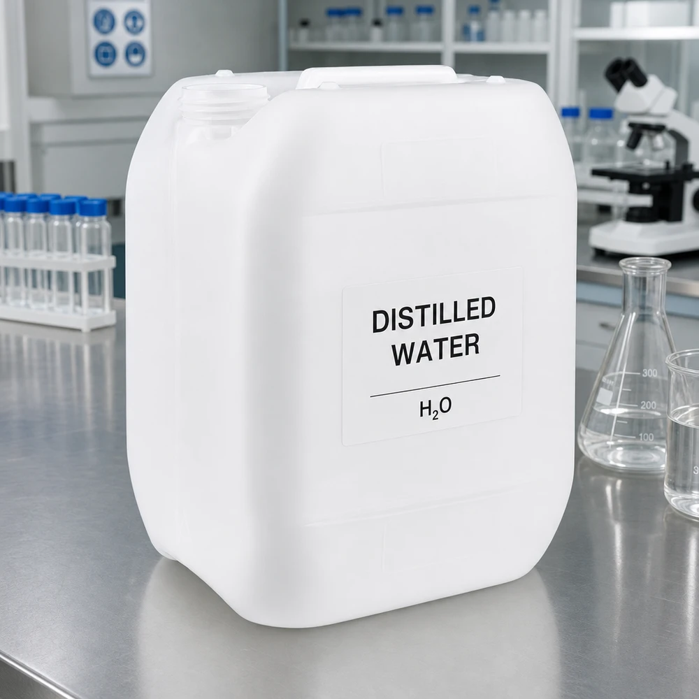 Kanister 10 Liter ohne Verschluss Weißer 10-Liter-Kunststoffkanister für destilliertes Wasser im professionellen Laboreinsatz