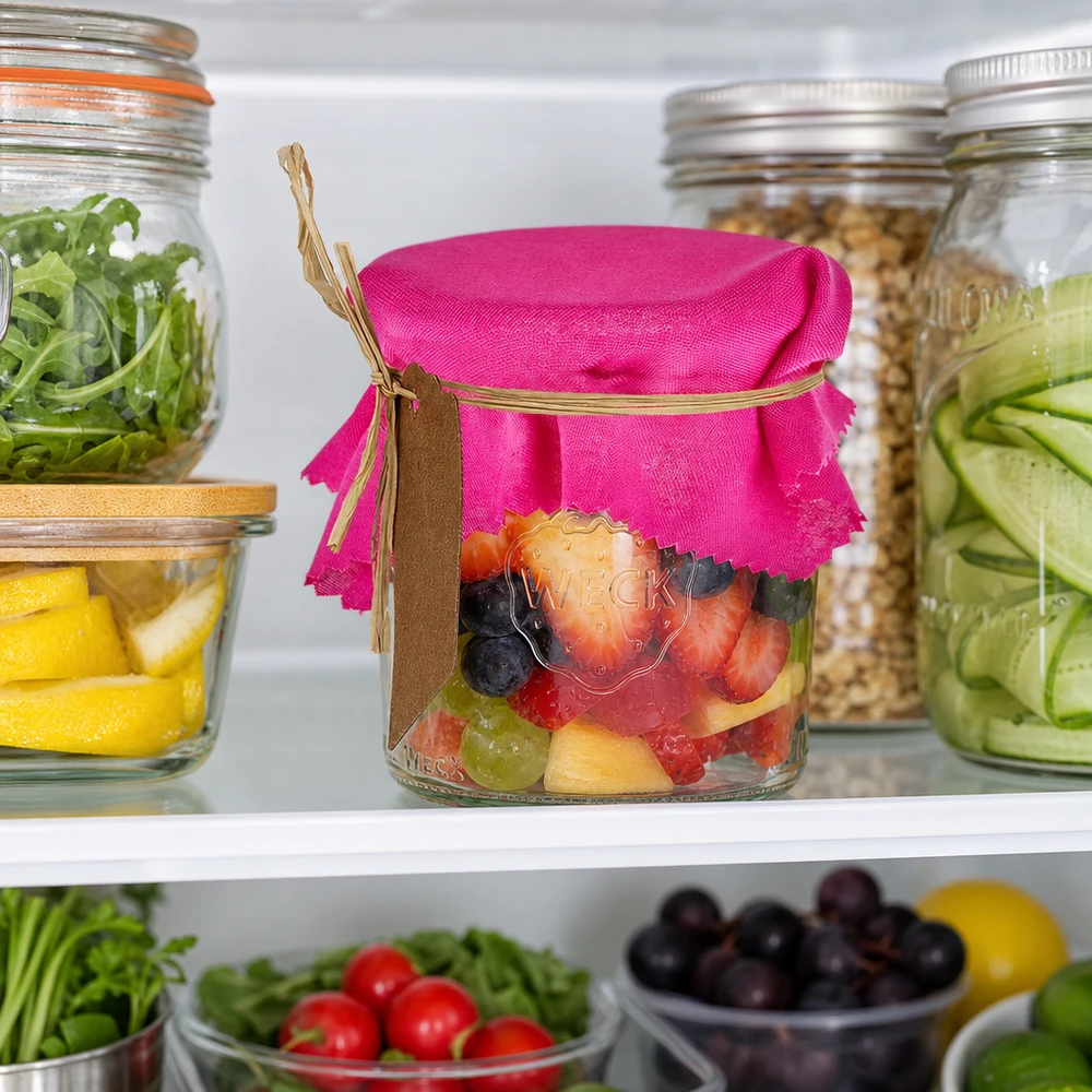 Pinkes Stoff Schmuckdeckchen 12cm eckig auf Obst-Glas im Kühlschrank zeigt praktische Aufbewahrung frischer Lebensmittel