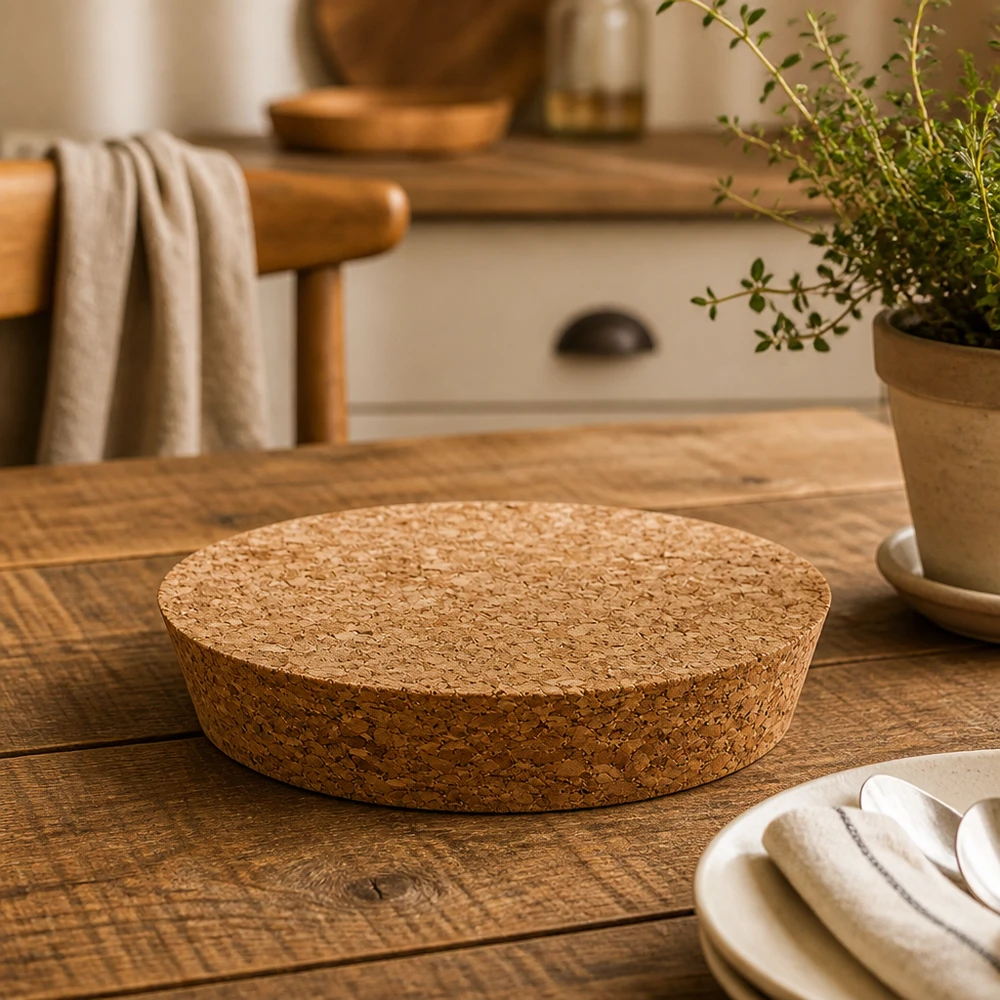 Korken für Öffnung 94mm WECK RR100 (ø90/104, H=20mm) WECK RR100 Korken Detailaufnahme auf Holztisch mit Küchenutensilien und Kräutertopf natürlicher Korkdeckel 20mm Höhe