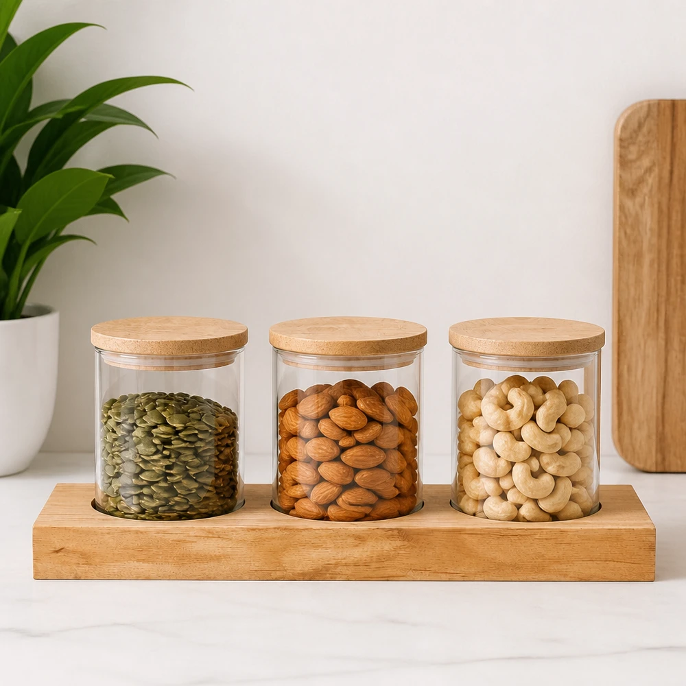 Servierbrett Plano3 mit WECK Gläsern voller Nüsse und Samen - Pumpkinkerne, Mandeln, Cashews in modernem Ambiente
