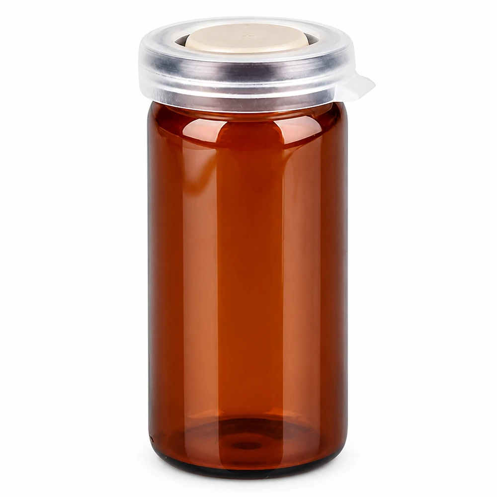 Tabletten/Rollrandglas 10ml braun mit Schnappdeckel Braunes Rollrandglas 10ml mit Schnappdeckel für pharmazeutische und labortechnische Anwendungen