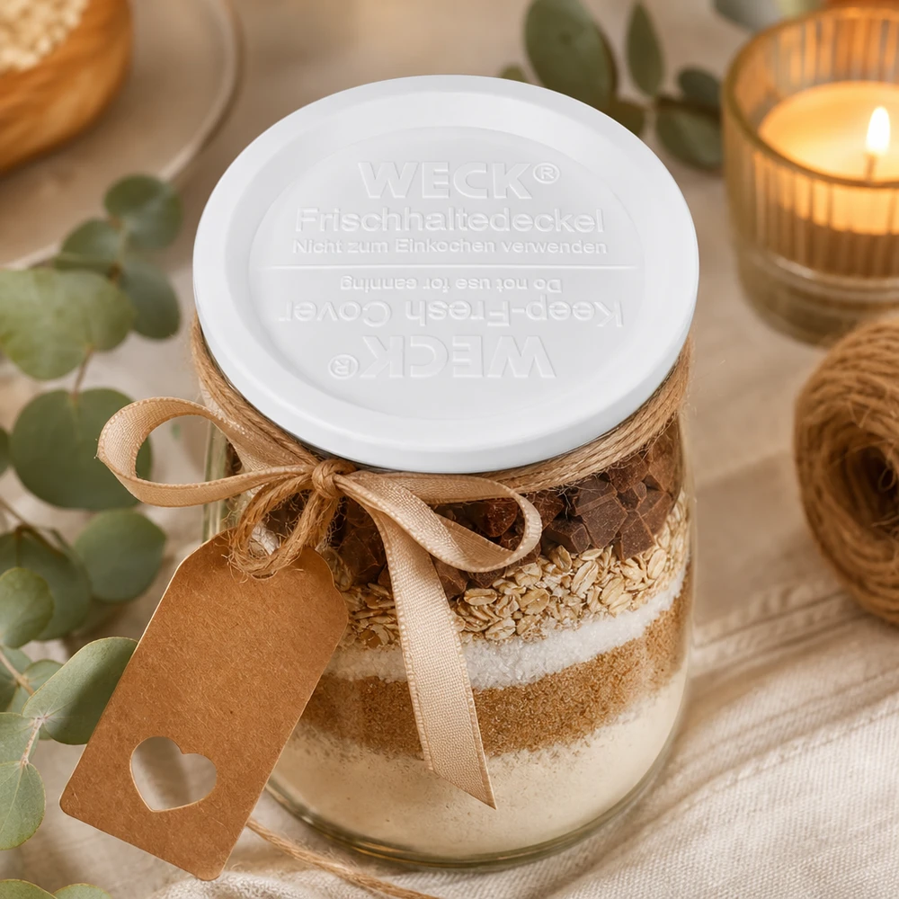 WECK Frischhaltedeckel RR120 WECK Frischhaltedeckel RR120 auf Backzutaten-Glas mit Schokolade Haferflocken beige Schleife Dekoration Küche