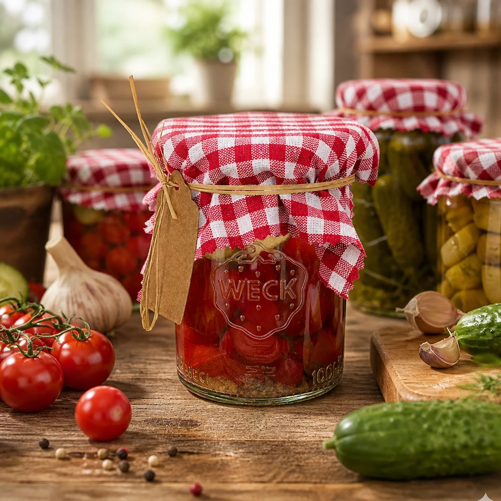 Weckglas mit bordeaux-kariertem Schmuckdeckchen 12cm zwischen frischen Tomaten und Gurken in rustikaler Küche