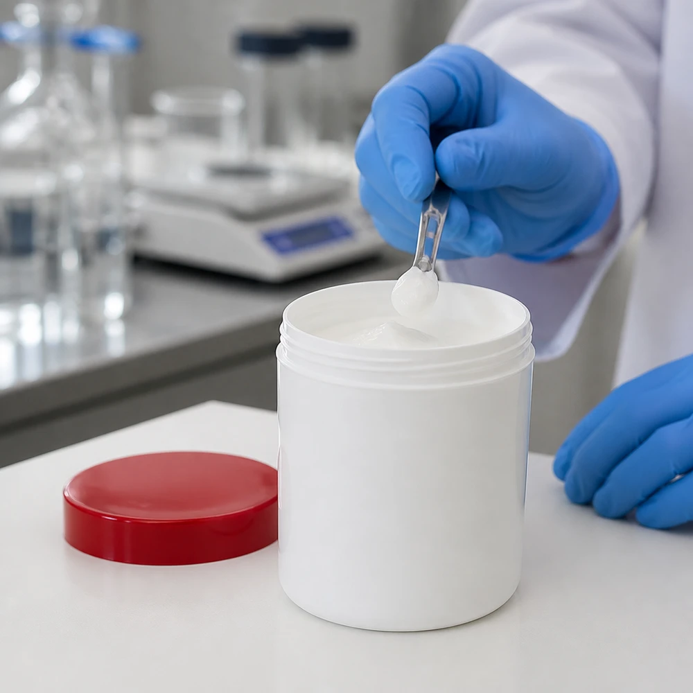 Salbenkruke 500g weiß mit rotem Schraubdeckel (Polypropylen) Salbenkruke 500g weiß PP mit rotem Schraubdeckel im Labor befüllt mit weißer Creme