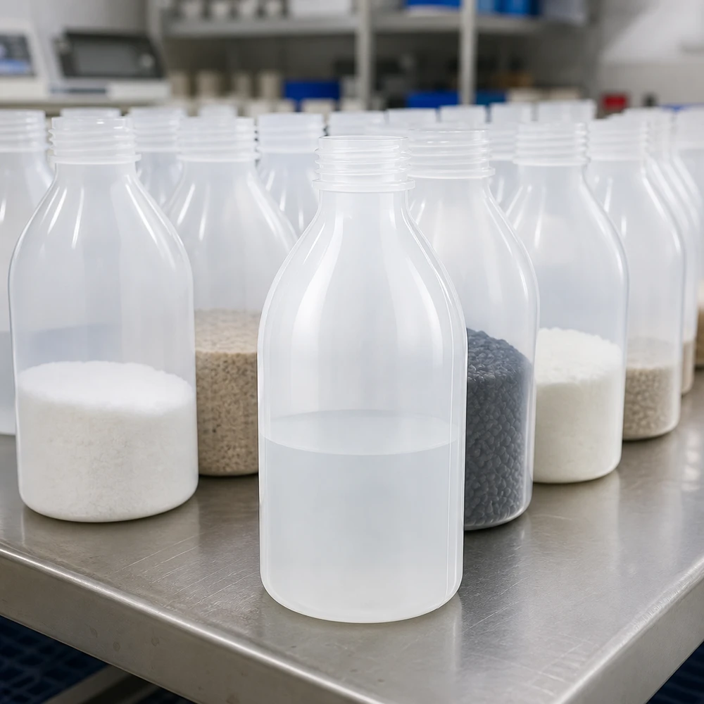 250ml Laborflasche Enghals ohne Verschluss 250ml Enghals-Laborflaschen aus Kunststoff auf Edelstahltisch mit verschiedenen Schüttgütern im Labor