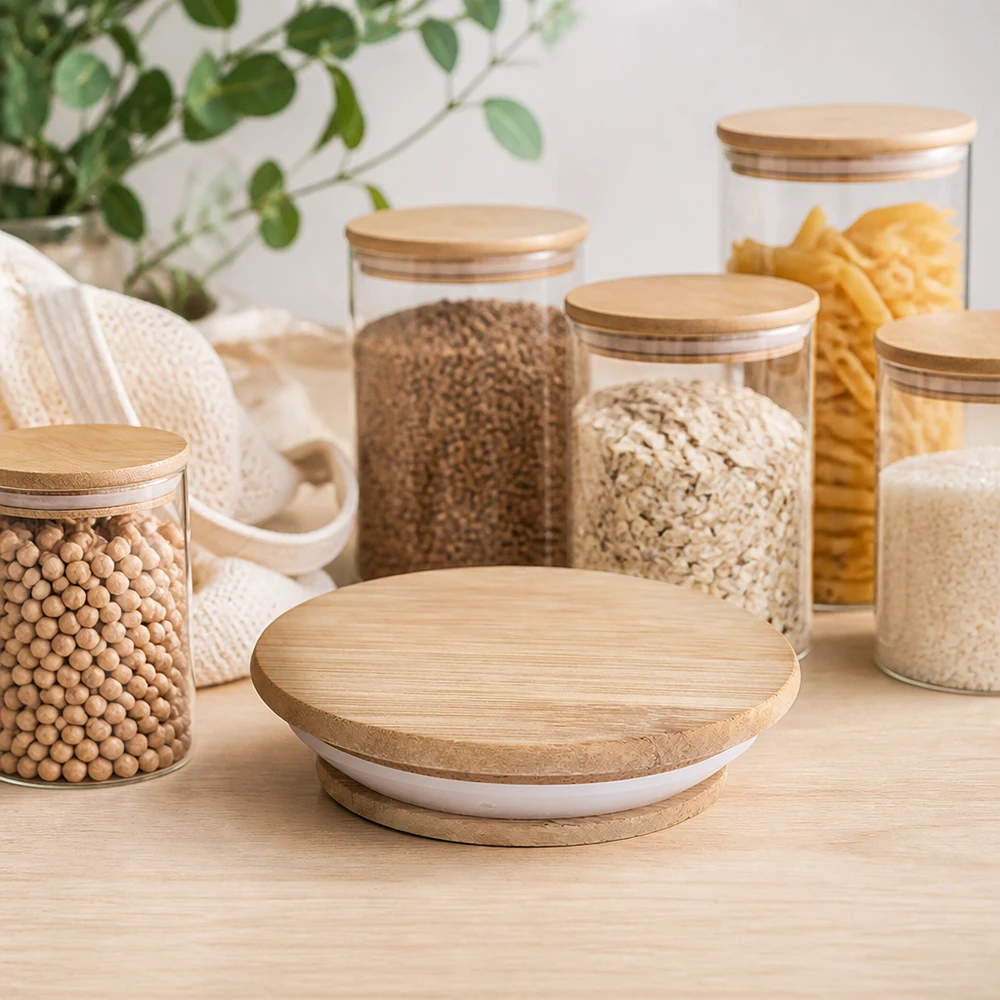 Moderne Küche Vorratsgläser mit WECK RR100 Holzdeckel Version A Aufbewahrung Getreide Pasta Hülsenfrüchte skandinavisch