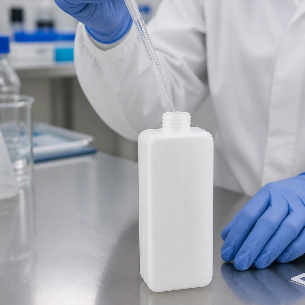 Chemikalienflasche 1000ml, Enghals aus PE-HD, GL 32 Chemikalienflasche 1000ml Enghals PE-HD GL32 im Laboreinsatz mit Pipette befüllt