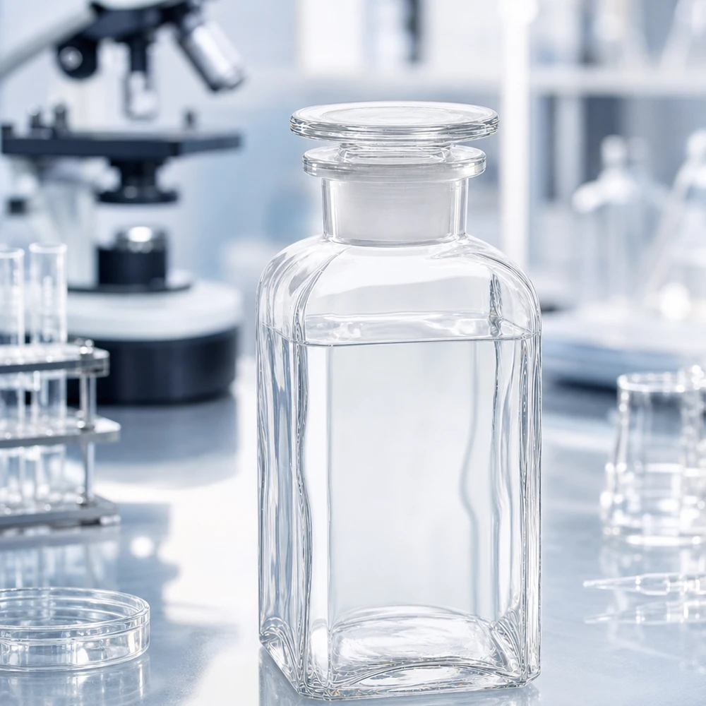 Vierkantflasche 350ml Klarglas Weithals mit Glasstopfen für Labor und Gewerbe bei Pacadura