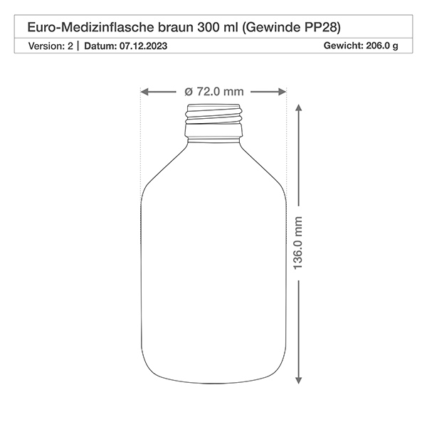 300ml Medizinflasche braun, ohne Verschluss PP28 ApoGlas 300ml Medizinflasche braun, ohne Verschluss PP28 ApoGlas