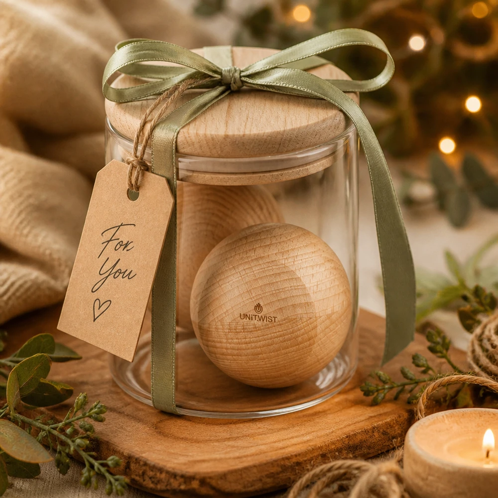 UNiTWIST Holzkugel (Buche) für WECK RR80 UNiTWIST Holzkugel Buche WECK RR80 als Geschenk im Glas mit grüner Schleife und For You Anhänger dekoriert