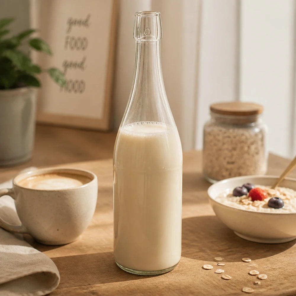 750ml Glasflasche ohne Bügelverschluss UNiTWIST® 750ml UNiTWIST Glasflasche mit Hafermilch befüllt neben Kaffeetasse Müslischale Frühstückstisch Lifestyle Szene
