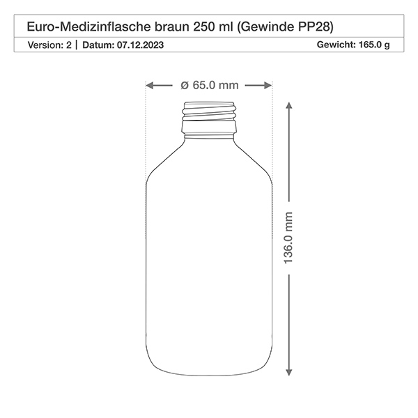 250ml Medizinflasche braun, ohne Verschluss PP28 ApoGlas 250ml Medizinflasche braun, ohne Verschluss PP28 ApoGlas