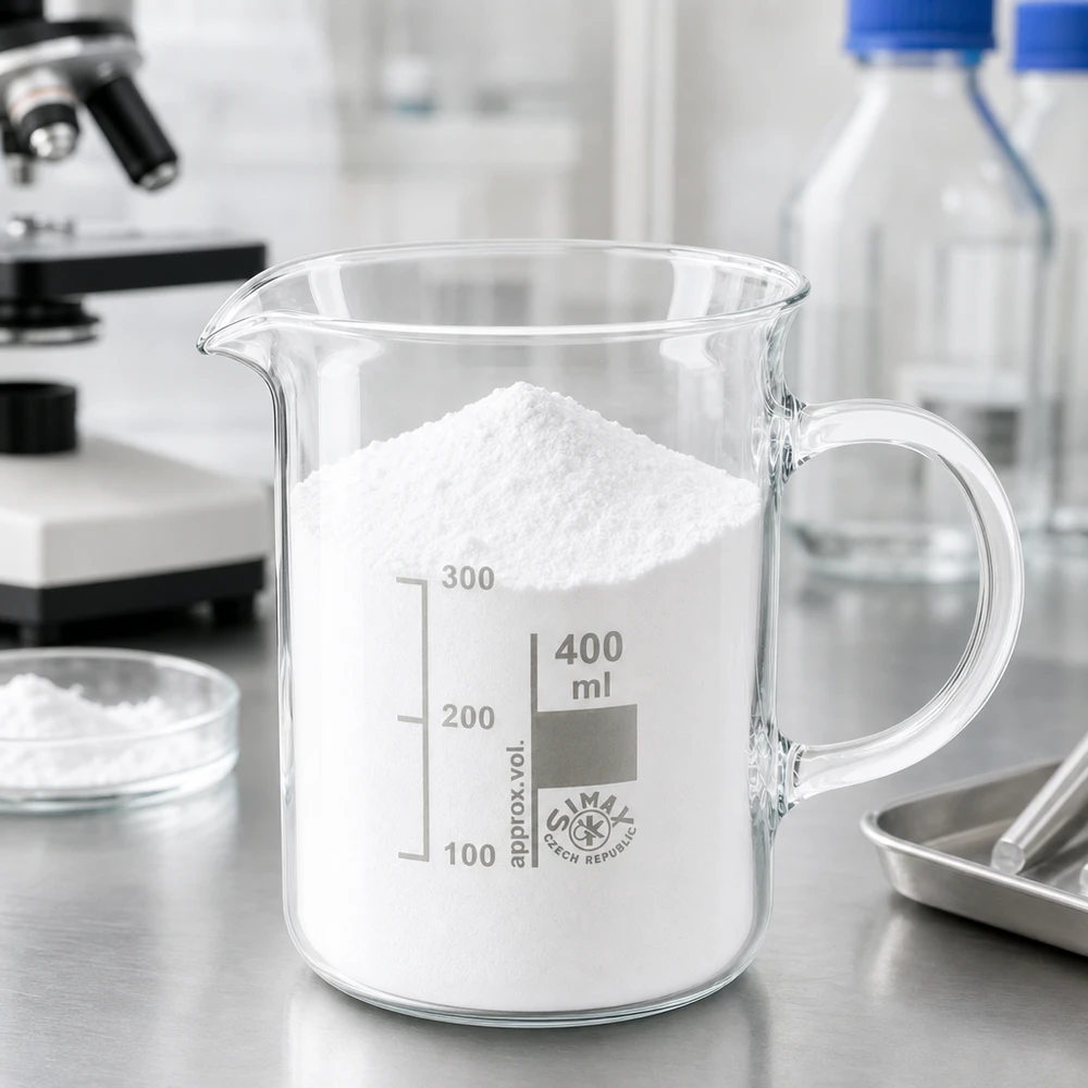 Becherglas 400ml Borosilikatglas, mit Henkel Becherglas 400ml Borosilikatglas mit Henkel gefüllt mit weißem Pulver im Labor Profi-Laborbedarf