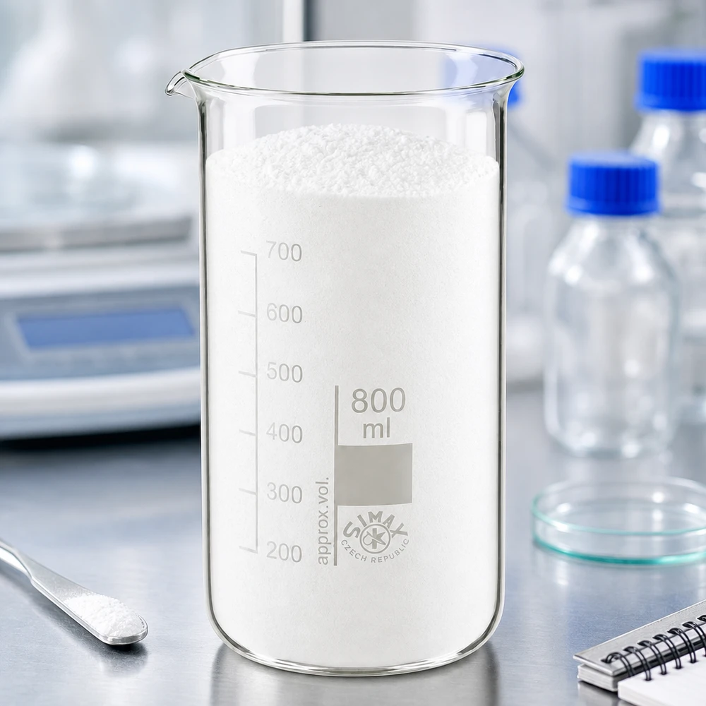 Becherglas 800ml Borosilikatglas, hohe Form Becherglas 800ml hohe Form aus Borosilikatglas mit weißem Pulver gefüllt im Labor