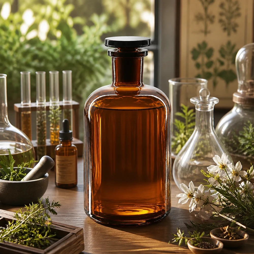Rundschulterflasche 500ml Braunglas Enghals mit Glasstopfen für Labor und Fachhandel Pacadura