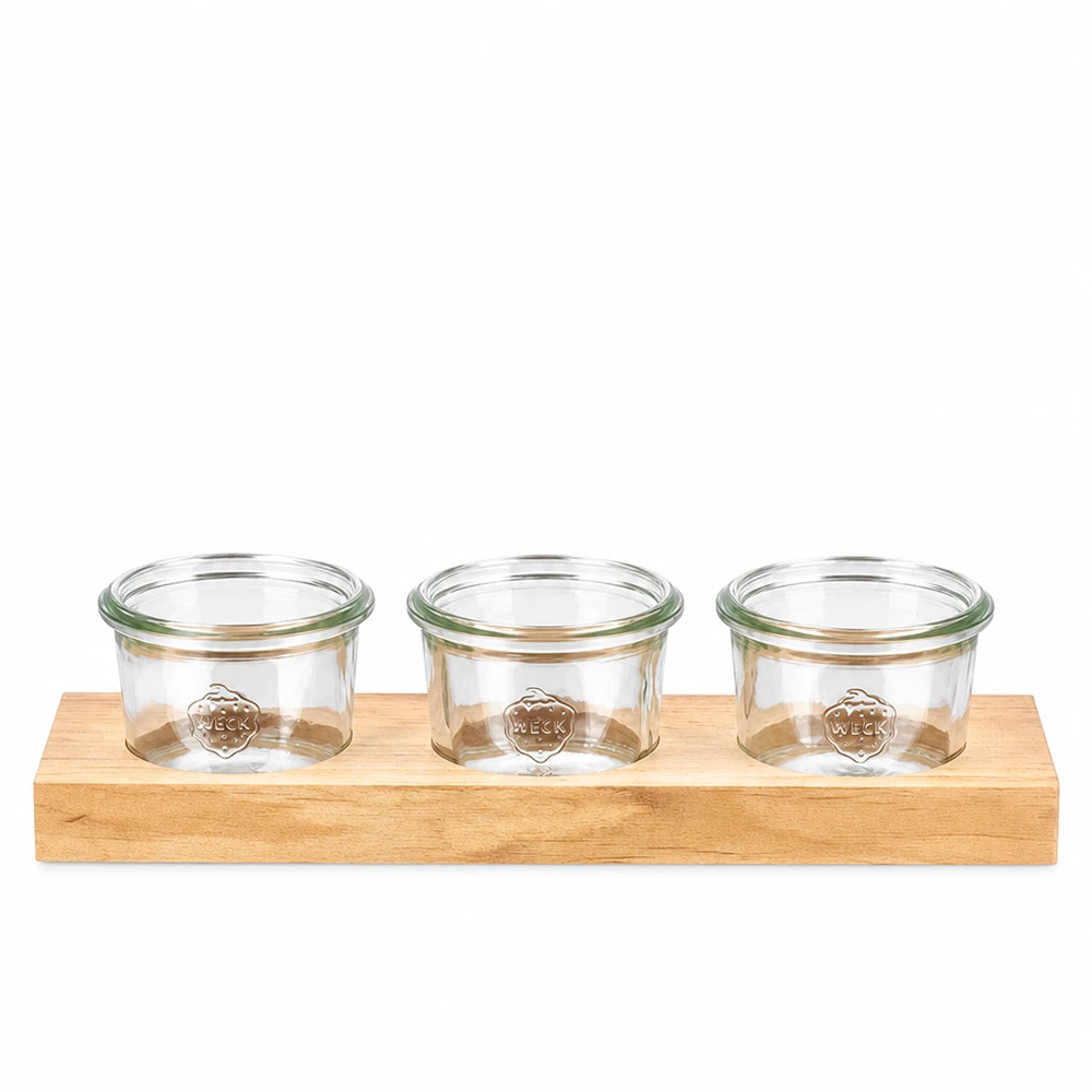 Servierbrett Plano3 mit 3 Weck Sturzgläsern 80ml Servierbrett Plano3 aus Holz mit 3 Weck Sturzgläsern 80ml für Dips Gewürze und Snacks