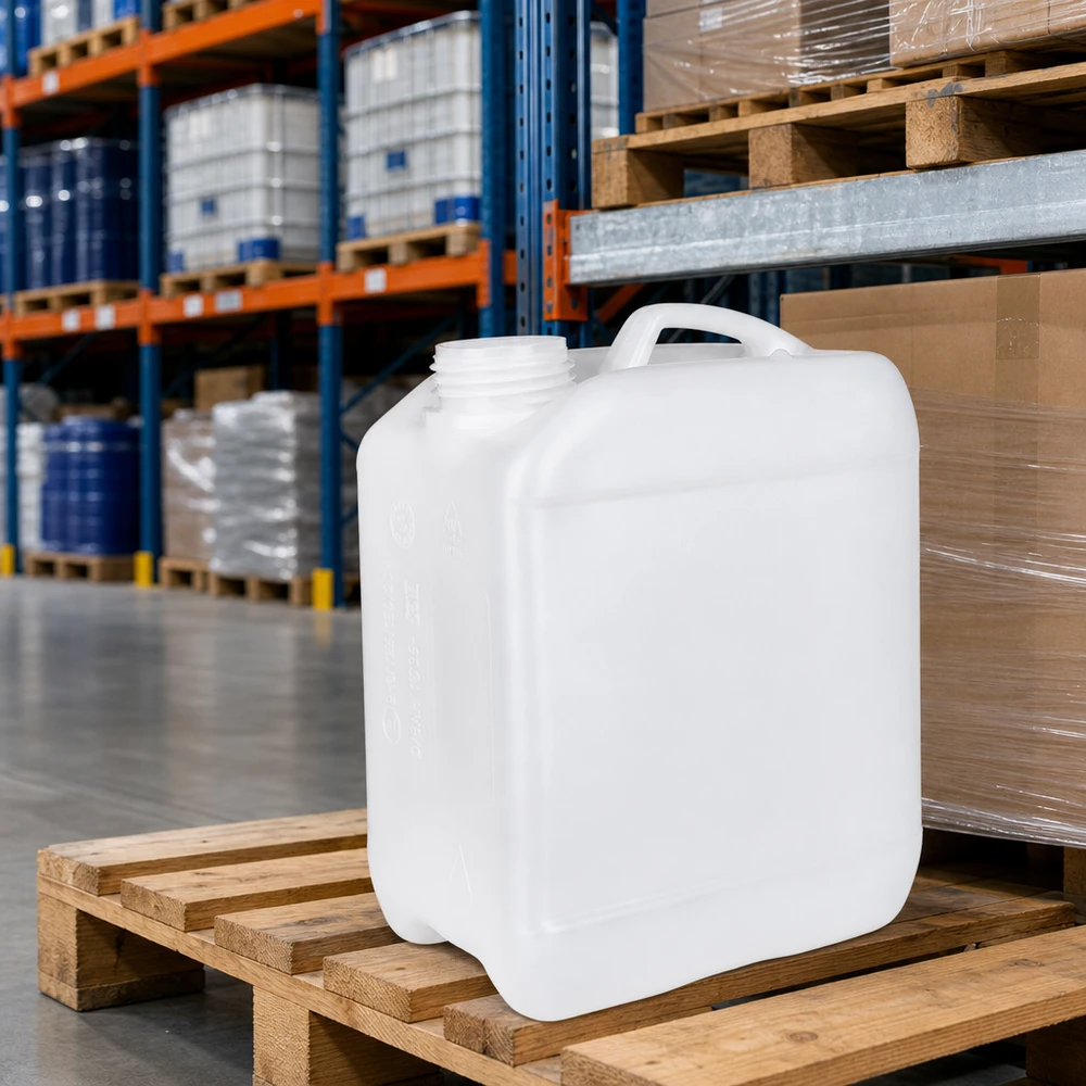 Weißer HDPE-Kanister 2,5 Liter ohne Verschluss auf Palette im Lager für gewerblichen Einsatz