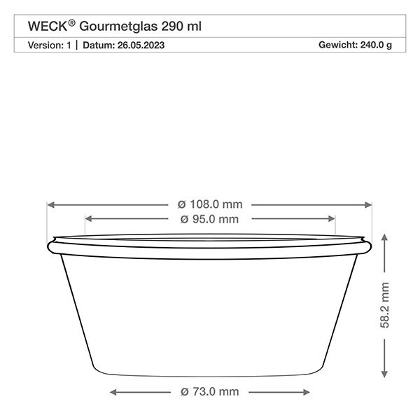 WECK RR100 Gourmetglas 290ml technische Zeichnung mit Maßangaben Durchmesser 108mm Höhe 58mm Gewicht 240g