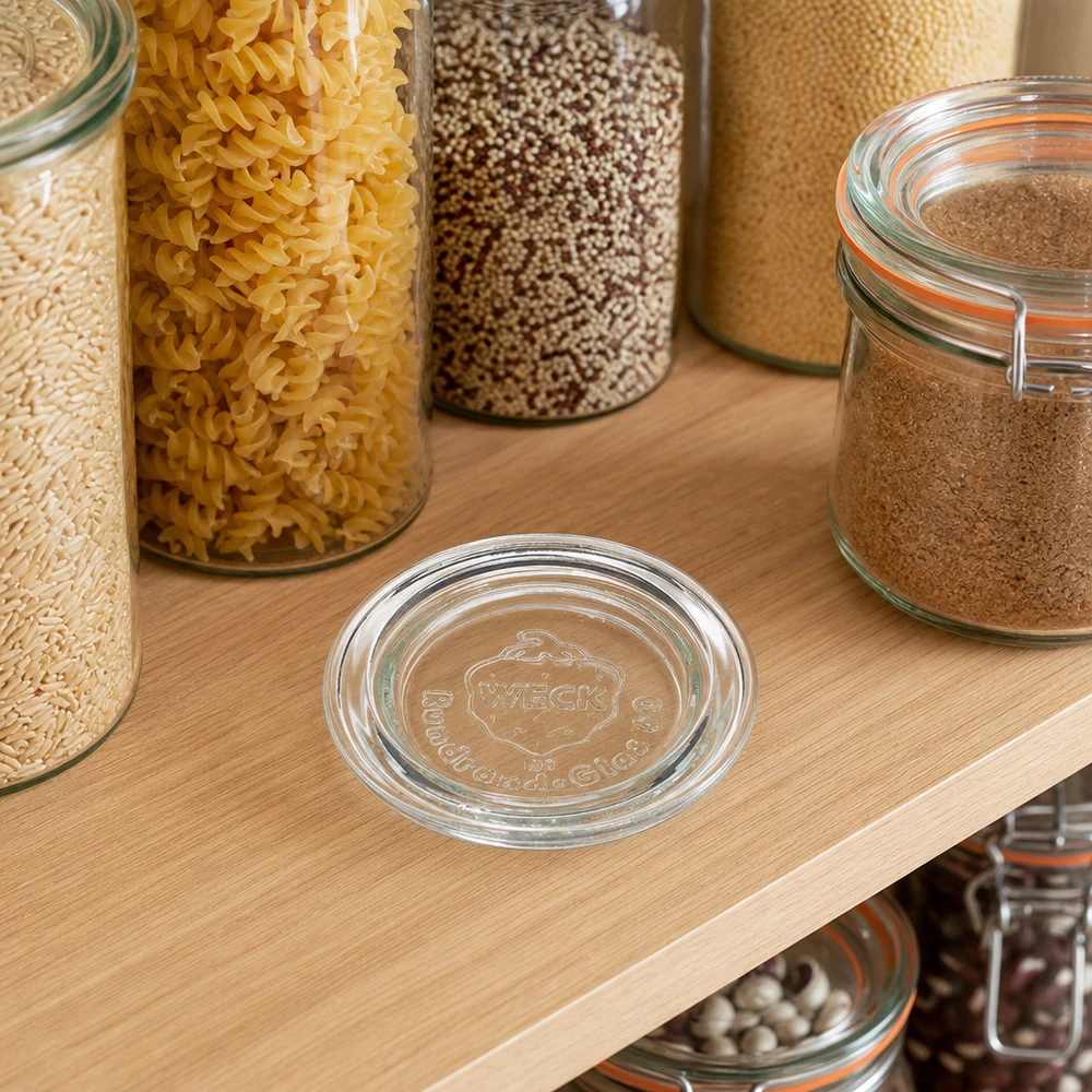 WECK Glasdeckel RR60 auf Holzregal zwischen Vorratsgläsern mit Pasta Quinoa und Gewürzen in moderner Küche