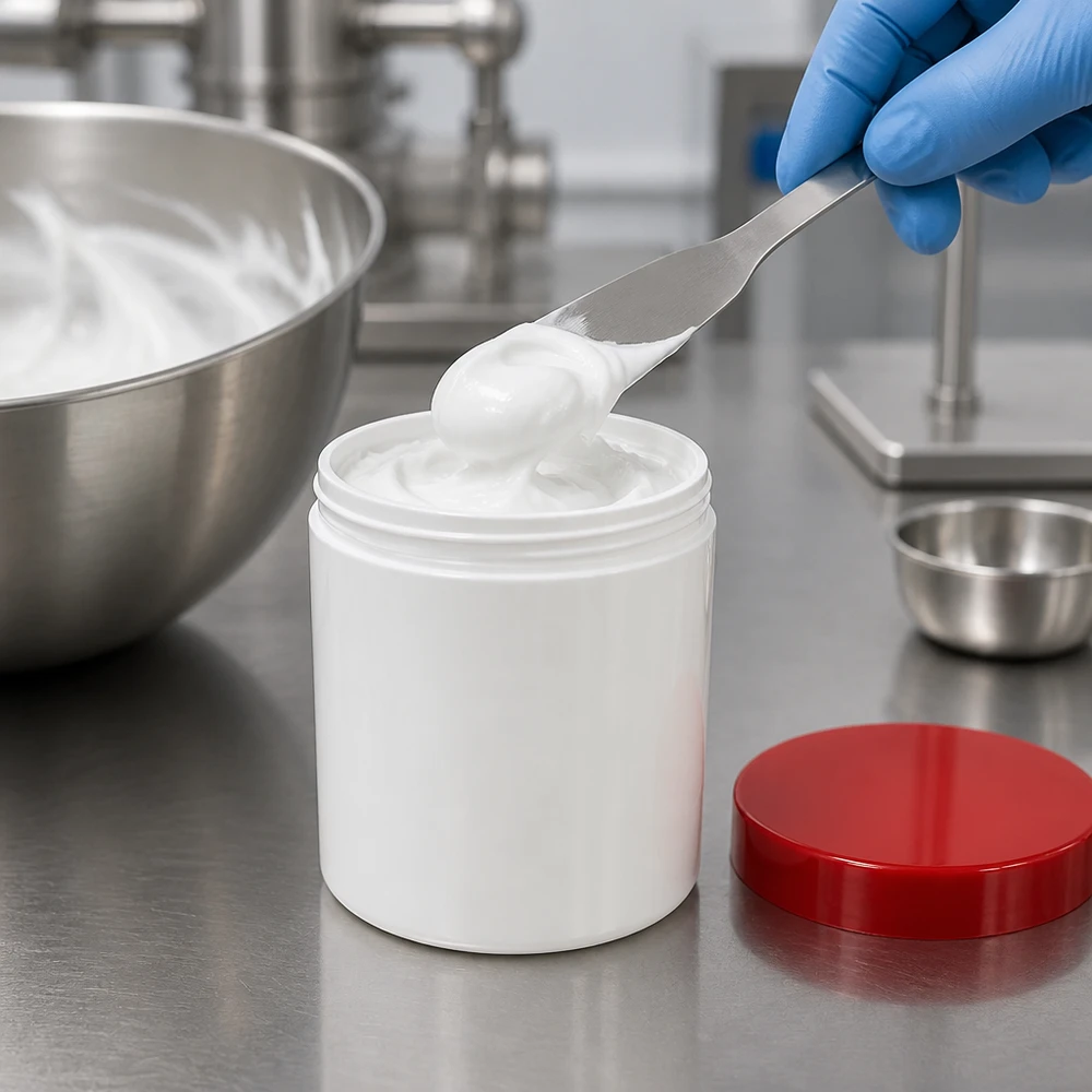Salbenkruke 200g weiß PP-Kunststoff mit rotem Schraubdeckel für professionelle Abfüllung pharmazeutischer Cremes