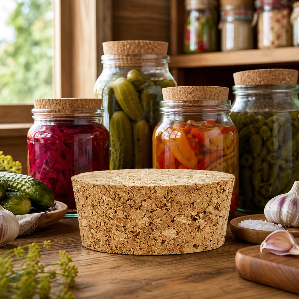 Korken RR40 für WECK Einmachgläser mit fermentierten Gurken Sauerkraut in rustikaler Küche Naturkork Verschluss 40mm