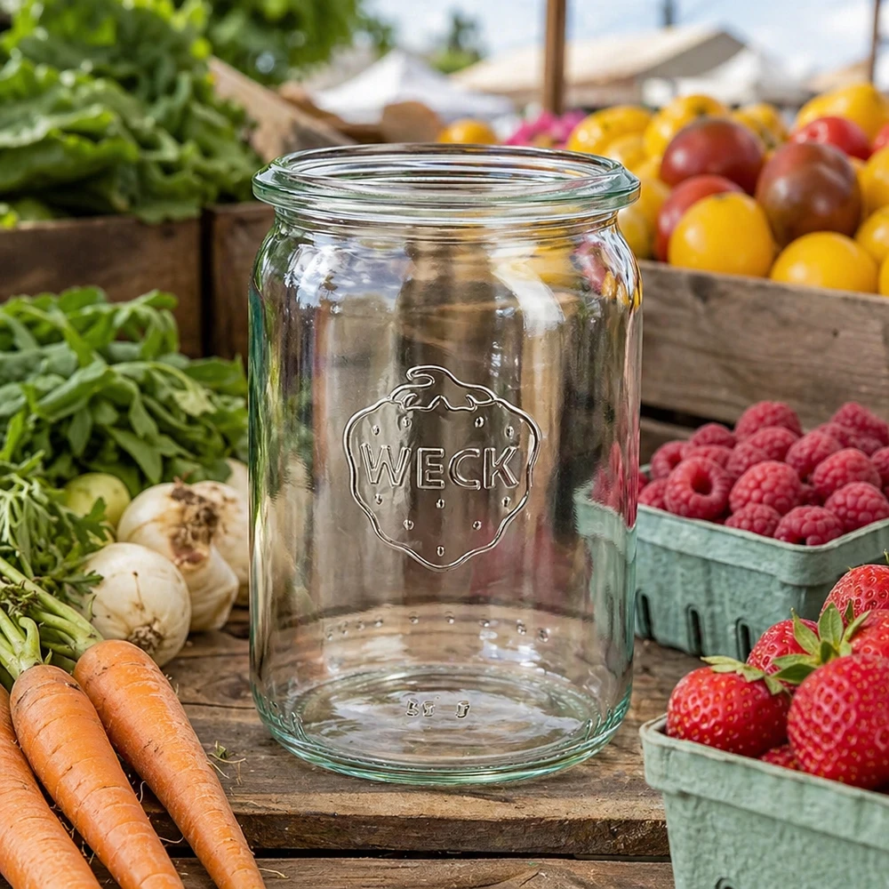 145ml Zylinderglas WECK RR40 WECK RR40 Zylinderglas 145ml auf Marktstand zwischen frischen Karotten, Erdbeeren, Himbeeren und buntem Gemüse präsentie