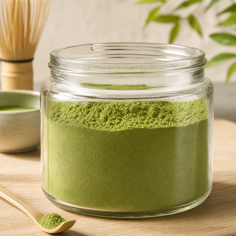 Glastiegel 250ml klar mit grünem Matcha-Pulver befüllt neben Bambus-Rührbesen auf Holztisch Tee-Zubereitung