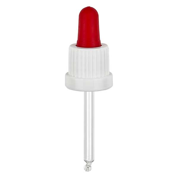 Glas-Tropfpipette weiß/rot 18mm PL53.5 Originalitätsverschluss Glas-Tropfpipette weiß/rot 18mm PL53.5 Originalitätsverschluss