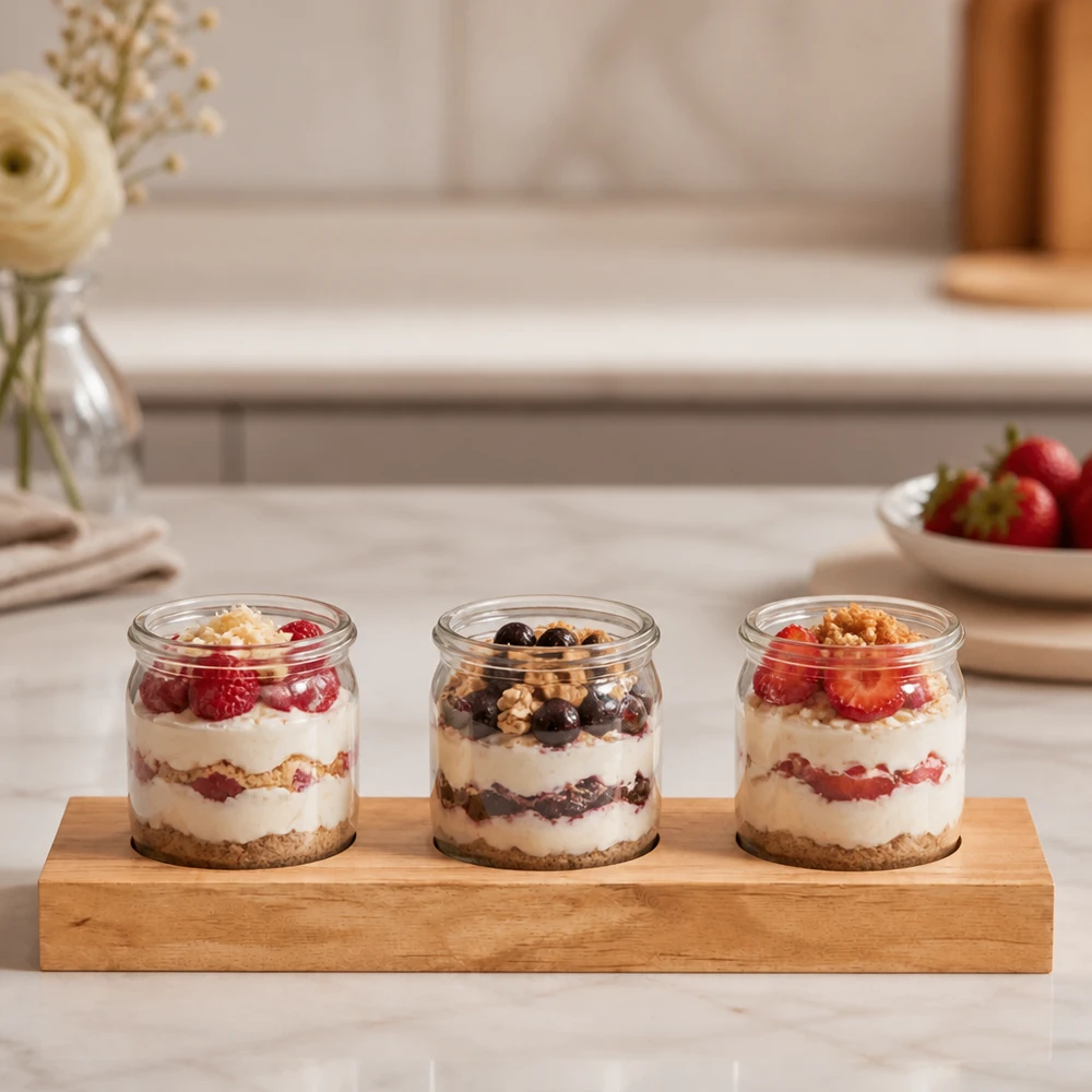 Servierbrett Plano3 für 3 WECK Sturzgläser Servierbrett Plano3 mit drei WECK Gläsern gefüllt mit Joghurt-Desserts und Beeren auf Marmor-Küchentheke