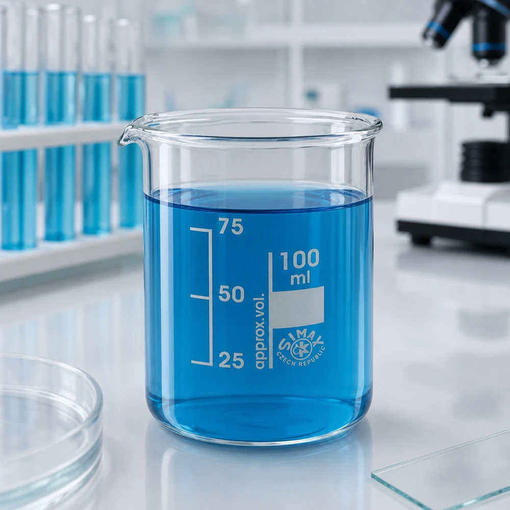 Becherglas 100ml Borosilikatglas, niedrige Form Becherglas 100ml Borosilikatglas niedrige Form mit blauer Lösung im Labor für professionelle Anwendungen