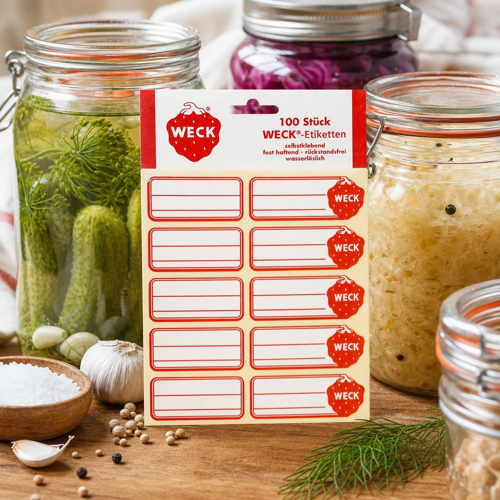 WECK Etiketten 19x13mm (Pack(s) mit 100 Stück) WECK Etiketten 100 Stück Pack zwischen eingelegten Gurken Sauerkraut Konserven mit Dill Knoblauch Gewürzen Küche