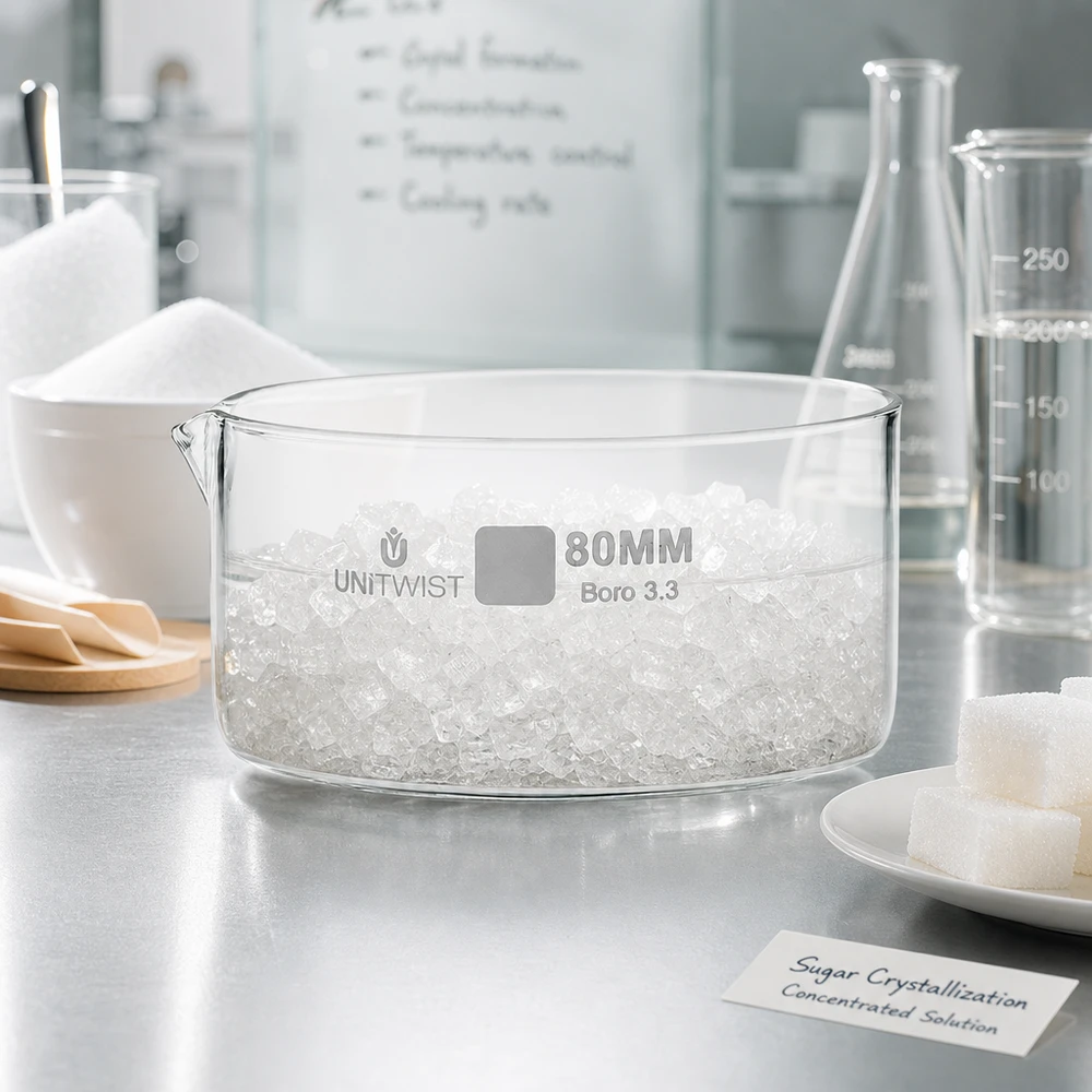 Kristallisierschale ø80mm Borosilikatglas UNiTWIST Kristallisierschale 80mm Borosilikatglas Boro 3.3 UNiTWIST für professionelle Zuckerkristallisation Labor