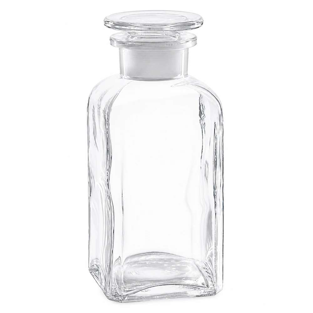 Vierkantflasche 350ml Klarglas Weithals mit Glasstopfen für gewerblichen Einsatz Pacadura
