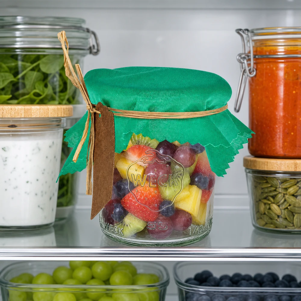 Grünes Stoff Schmuckdeckchen 12cm eckig auf Obstsalat Weckglas im Kühlschrank zwischen Vorratsbehältern