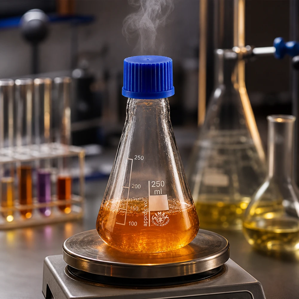 Erlenmeyerkolben 250ml mit Schraubkappe Erlenmeyerkolben 250ml Glas mit blauer Schraubkappe für professionelle Laboranwendungen bei Pacadura.de