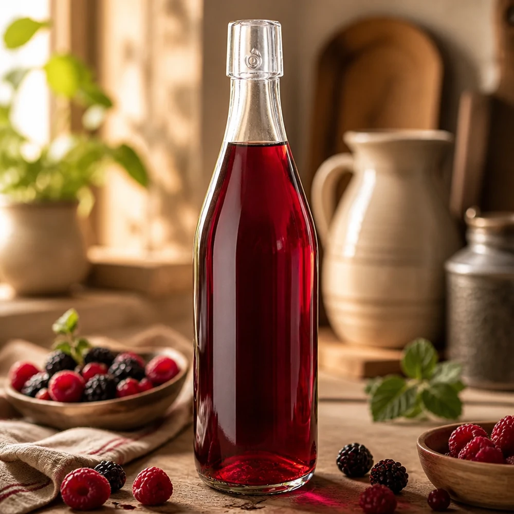 500ml Glasflasche ohne Bügelverschluss UNiTWIST® 500ml UNiTWIST Glasflasche mit rotem Beerensaft befüllt als Lifestyle-Anwendung in rustikaler Küche