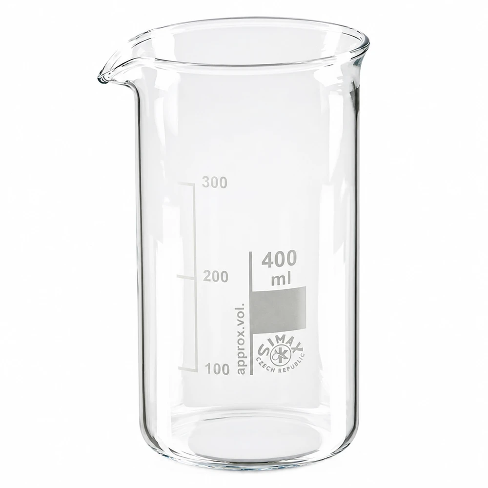 Becherglas 400ml Borosilikatglas, hohe Form Becherglas 400ml hohe Form aus Borosilikatglas mit Skala für professionellen Laboreinsatz von Simax