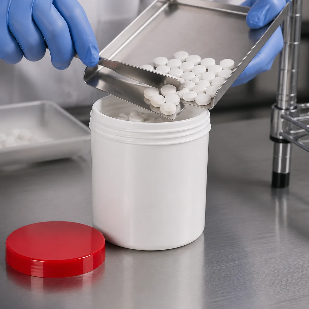 Salbenkruke 300g weiß mit rotem Schraubdeckel (Polypropylen) Salbenkruke 300g weiß PP-Kunststoff mit rotem Schraubdeckel für pharmazeutische Abfüllung