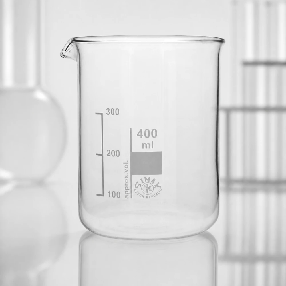 Becherglas 400ml Borosilikatglas, niedrige Form Becherglas 400ml Borosilikatglas niedrige Form für professionelle Laboranwendungen bei Pacadura.de