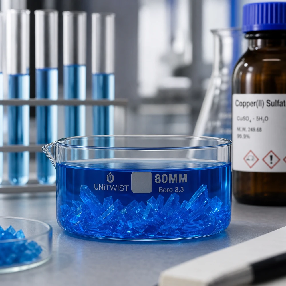Kristallisierschale ø80mm Borosilikatglas UNiTWIST Kristallisierschale ø80mm Borosilikatglas Boro 3.3 UNiTWIST mit Kupfersulfat-Kristallen im Labor