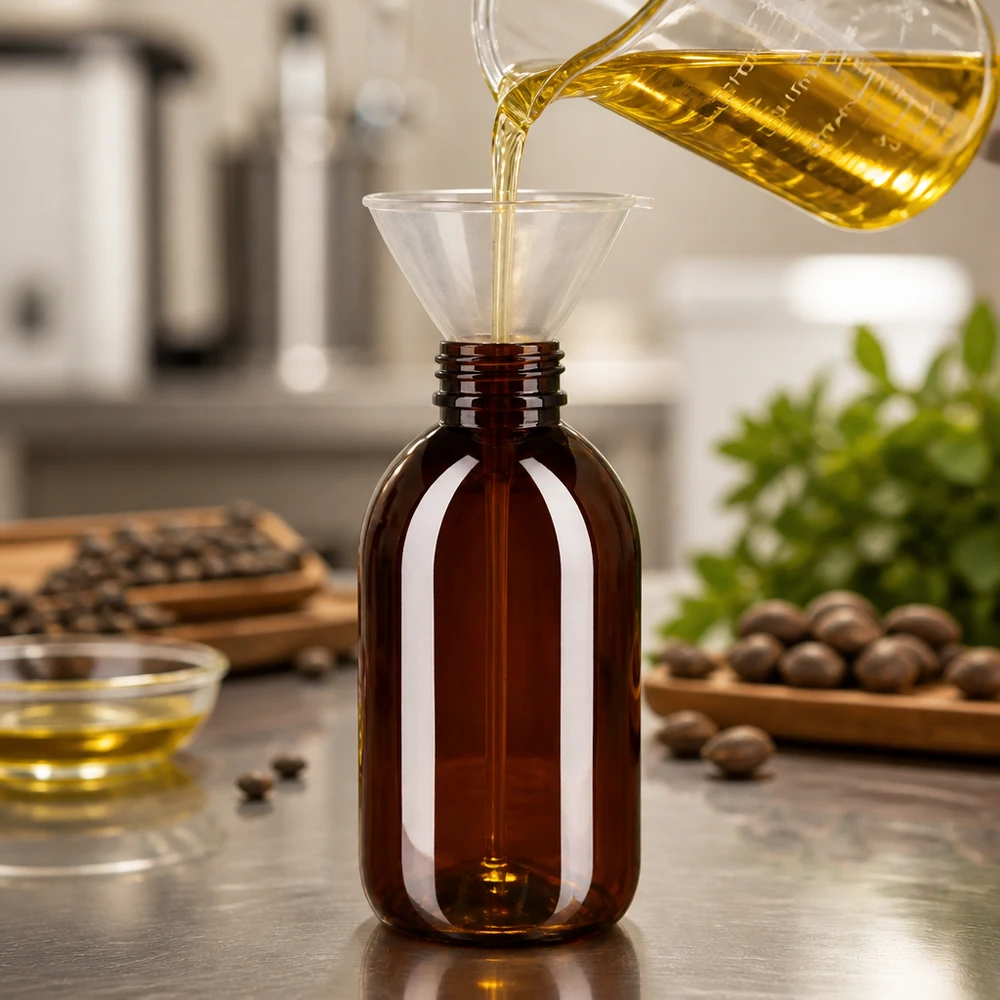 PET Flasche 250ml PP28 braun Öl wird eingefüllt professionelle Abfüllung Gewerbebedarf Pacadura