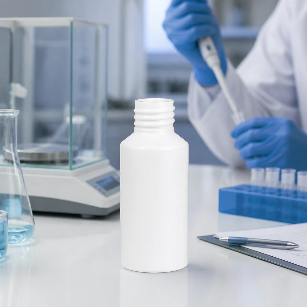 Apothekenflasche HDPE 50ml weiß, ohne Verschluss Apothekerflasche HDPE 50ml weiß ohne Verschluss im Labor für pharmazeutischen und gewerblichen Einsatz