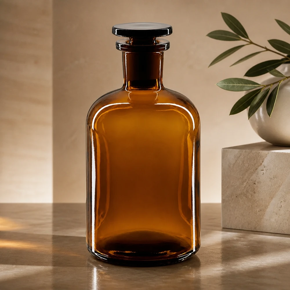 Braune Enghals-Rundschulterflasche 250ml aus Glas mit Glasstopfen für professionellen Laboreinsatz