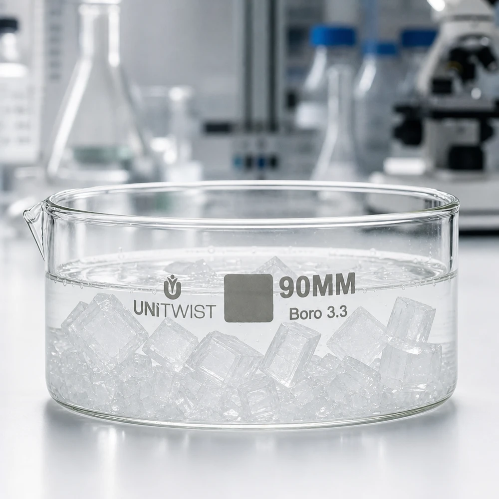 Kristallisierschale ø90mm Borosilikatglas UNiTWIST Kristallisierschale 90mm Borosilikatglas Boro 3.3 UNiTWIST mit Eiswürfeln im Labor