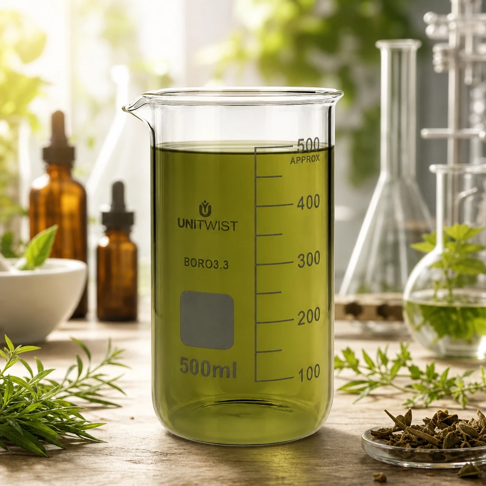 Becherglas 500ml Borosilikat, hohe Form UNiTWIST Becherglas 500ml Borosilikat hohe Form UNITWIST für Labor und Gewerbe mit grüner Flüssigkeit