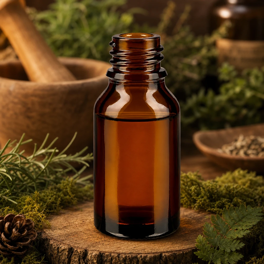 Tropfflasche 30 ml DIN 18 Braunglas HOHE FORM 30ml braune ApoGlas Apothekenflasche hohe Form mit Moos Tannenzapfen Naturkosmetik Waldambiente Holzschale