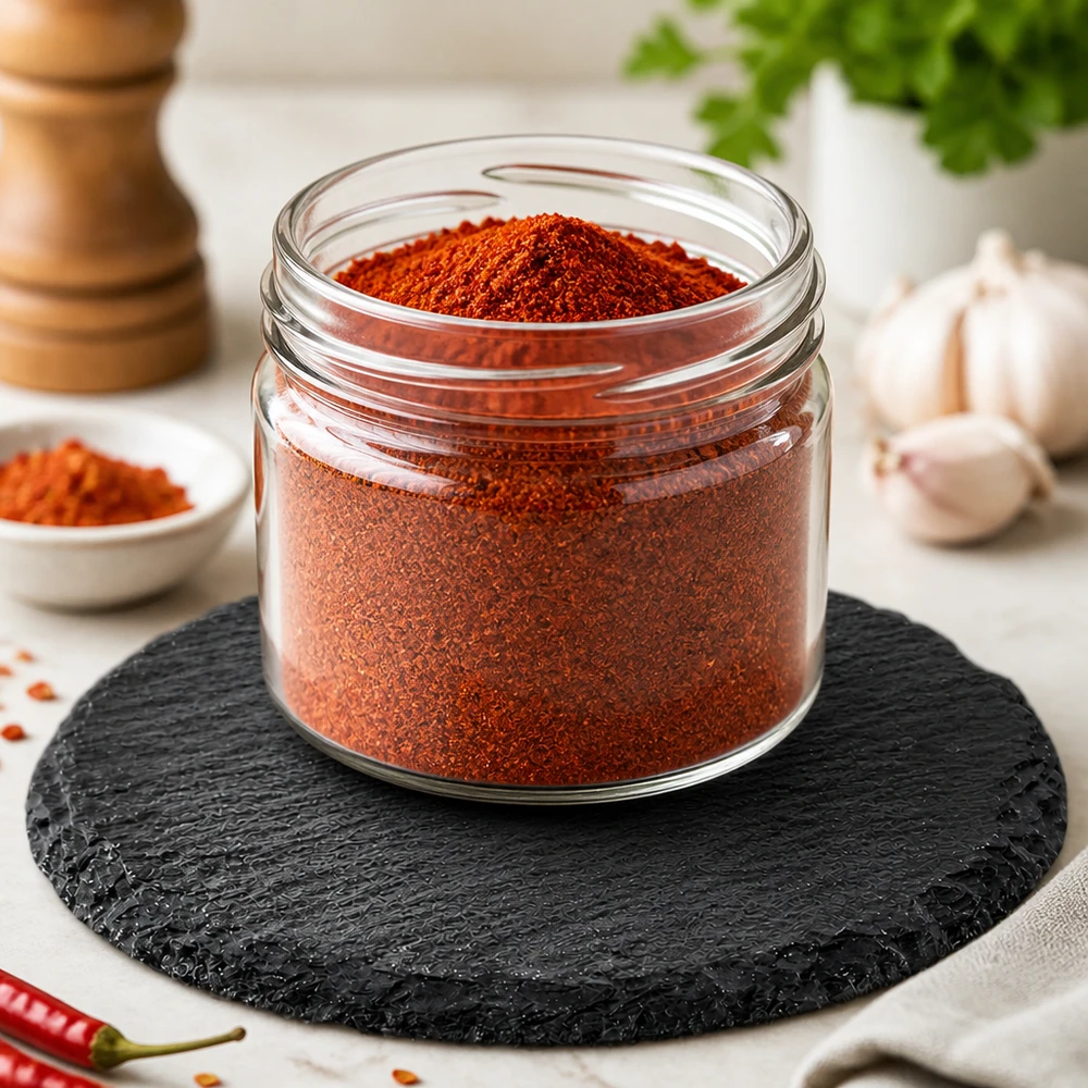 Runde Schieferplatte 15cm mit rotem Gewürzpulver in Glasgefäß und Knoblauch als edle Gewürzpräsentation