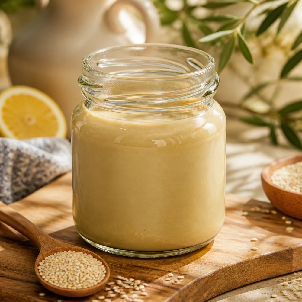53ml Rundglas ohne Deckel (TO43) UNiTWIST Rundglas 53ml TO43 mit Tahini gefüllt auf Holzbrett mit Sesam und Zitrone professionelle Lebensmittelverpackung